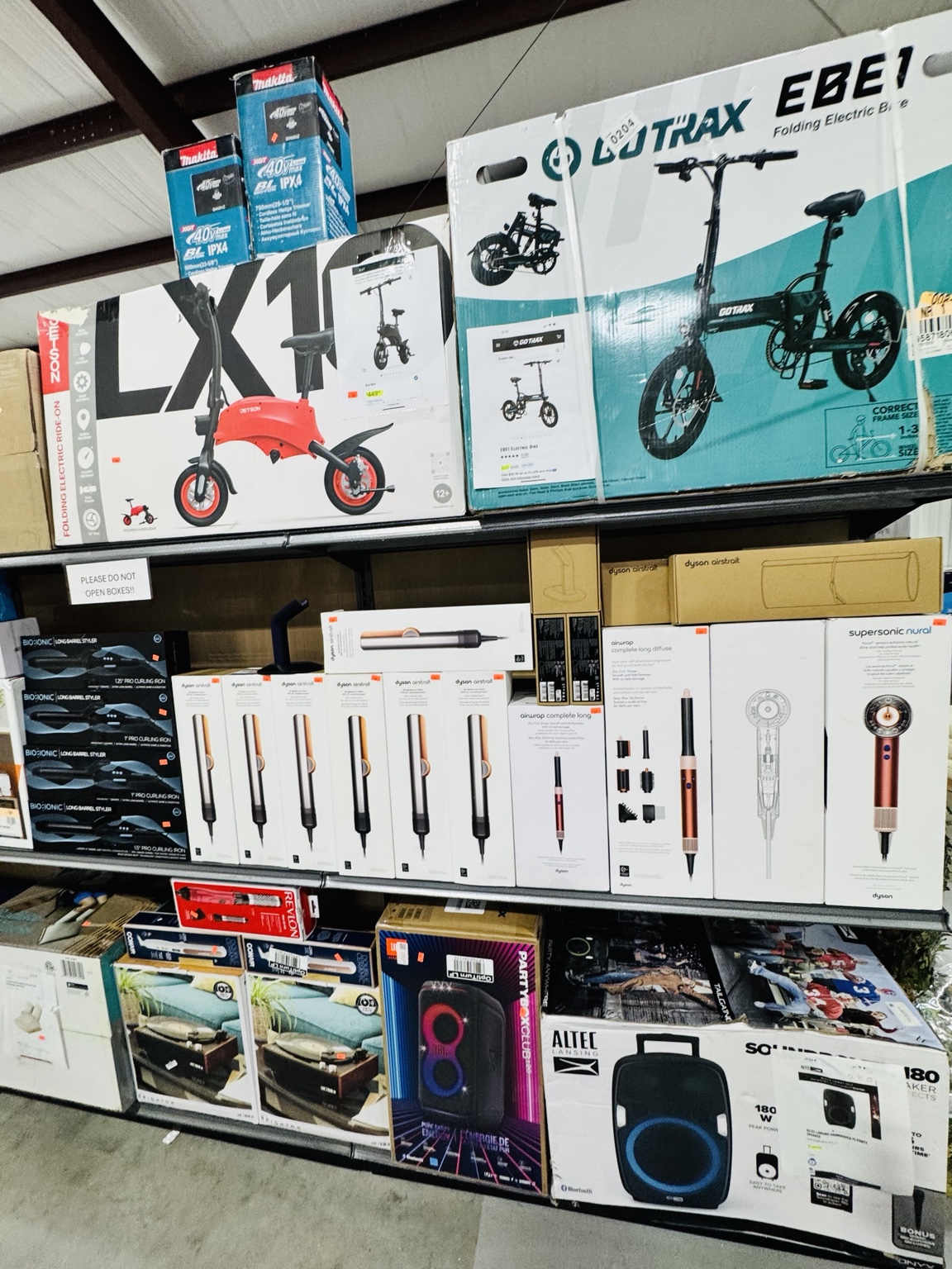 Bikes, hair tools, electronics and home merchandise on display